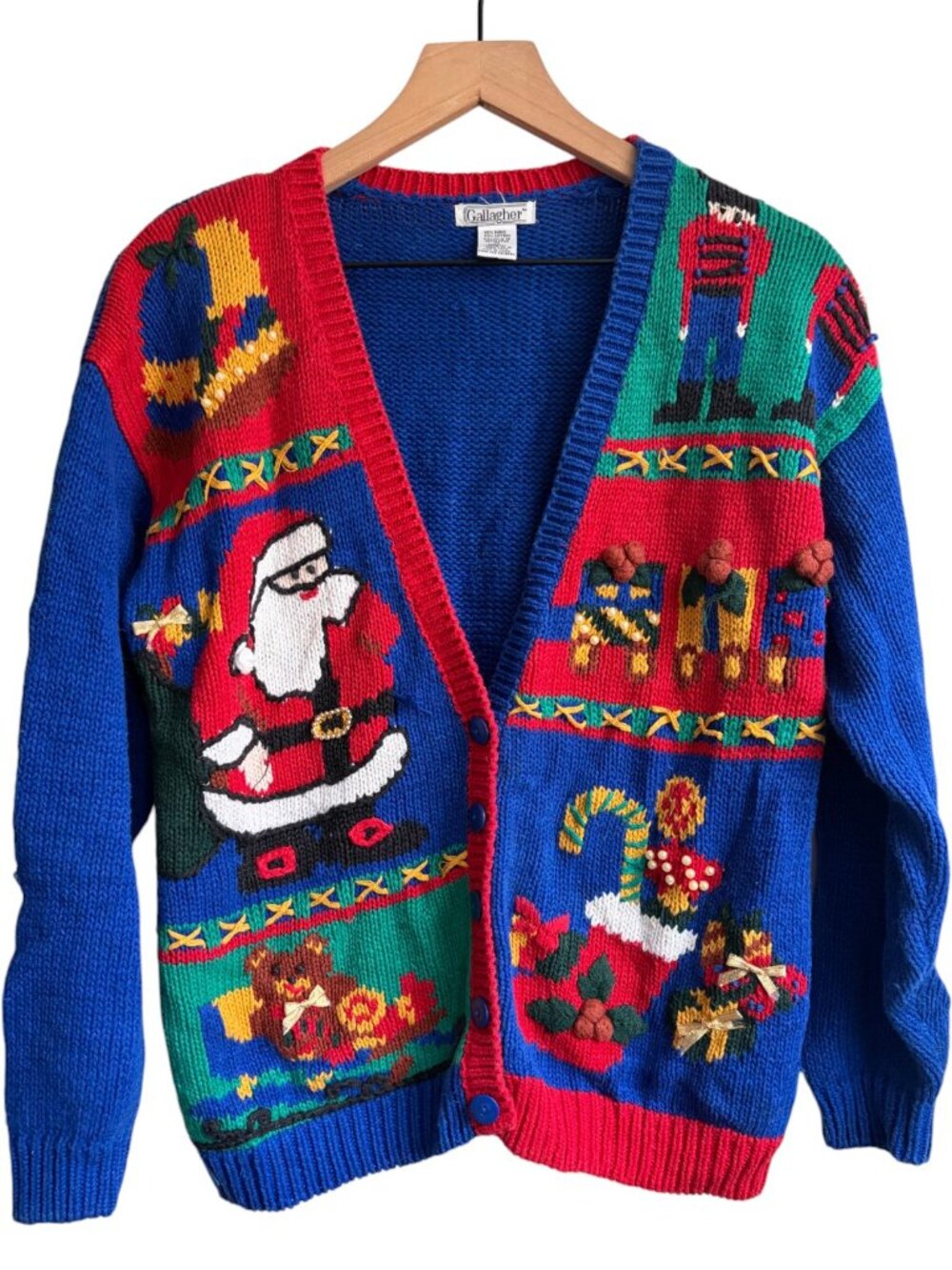 Vintage Gallagher Christmas Cardigan Sweater Santa Beaded Holiday Ugly kitschy